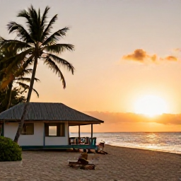 Caribbean Holidays, Haiti Wellness, Warm sunset over a quiet Haitian beach with a small beachfront hotel, palm silhouettes and a relaxed evening atmosphere