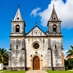 Caribbean Holidays, Historic Churches, A charming historic Caribbean church with weathered stone walls, tropical greenery and bright blue sky