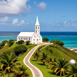 Caribbean Holidays, Historic Churches, A historic Caribbean church on a hill overlooking turquoise sea, with a winding path and tropical landscape