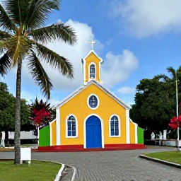Caribbean Holidays, Historic Churches, A small colourful Caribbean chapel beside a quiet road, surrounded by palms and tropical flowers