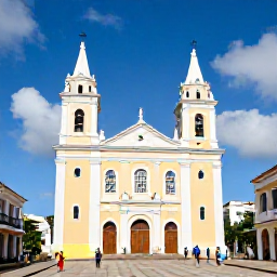 Caribbean Holidays, Historic Churches, A sunlit Caribbean cathedral in a colourful historic town, with local people walking nearby