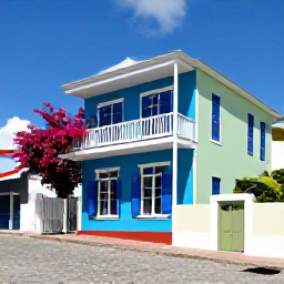 Caribbean Holidays, Historic House Tours, Colourful historic Caribbean town house with open shutters, bougainvillea and cobbled street, sunny daytime scene