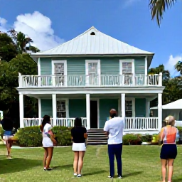 Caribbean Holidays, Historic House Tours, Friendly local guide leading visitors through a Caribbean historic house, relaxed group tour with tropical garden outside