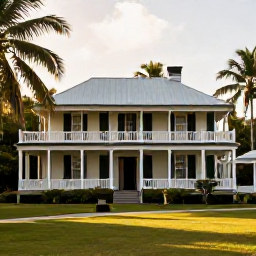 Caribbean Holidays, Historic House Tours, Historic Caribbean plantation house surrounded by tropical gardens, warm afternoon light, authentic travel photography