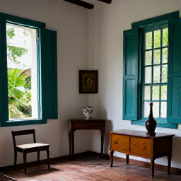 Caribbean Holidays, Historic House Tours, Interior of a restored Caribbean great house with antique furniture, wooden shutters and historical objects, natural daylight