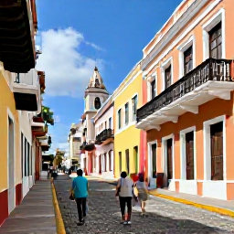 Caribbean Holidays, Historic Walking Tours, A guided historical walk through colourful Old San Juan, Puerto Rico, showing blue cobblestones, Spanish colonial buildings and ancient city walls