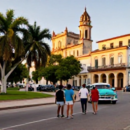 Caribbean Holidays, Historic Walking Tours, A small group walking through historic Havana, Cuba, with vintage cars, restored colonial buildings, leafy squares and warm afternoon light