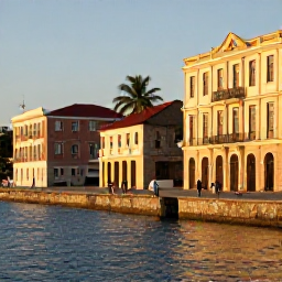 Caribbean Holidays, Historic Walking Tours, Travellers walking beside historic stone buildings and a waterfront in a Caribbean capital at golden hour, with local architecture and palm trees