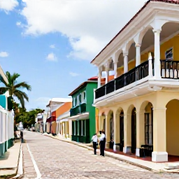 Caribbean Holidays, Historic Walking Tours, Visitors exploring historic colonial streets in Bridgetown, Barbados, with colourful facades, old stone buildings and a local guide