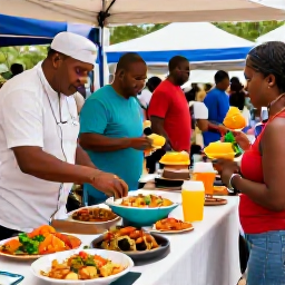 Caribbean Holidays, Island Festivals, Caribbean food festival with colourful local dishes, tropical fruit, friendly chefs and visitors sampling food at outdoor stalls