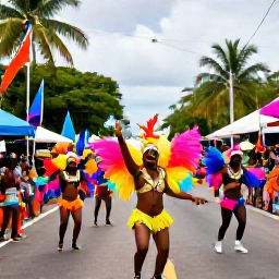Caribbean Holidays, Island Festivals, Carnival parade in Trinidad with elaborate costumes, energetic dancers, colourful flags and spectators lining a lively tropical street