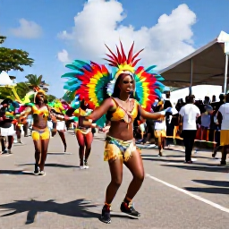 Caribbean Holidays, Island Festivals, Colourful Caribbean street festival with dancers in feathered costumes, steel bands and crowds enjoying a sunny island celebration