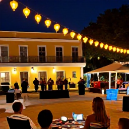 Caribbean Holidays, Island Festivals, Friendly Caribbean evening festival with lanterns, local crafts, musicians and visitors enjoying a historic town square