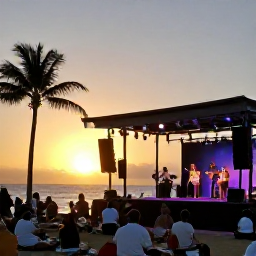 Caribbean Holidays, Island Festivals, Outdoor Caribbean music festival at sunset with a stage, local musicians, palm trees and a relaxed crowd near the sea