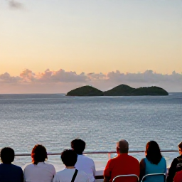 Caribbean Holidays, Island Hopping, A comfortable Caribbean ferry crossing at sunset, passengers enjoying views of blue water and nearby green islands