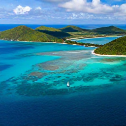 Caribbean Holidays, Island Hopping, Aerial view of a Caribbean island chain with turquoise sea, green hills and a small sailing boat between islands