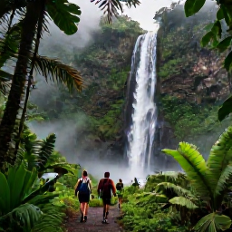 Caribbean Holidays, Island Hopping, Hikers walking through lush Caribbean rainforest towards a waterfall, with palms, ferns and misty green mountains
