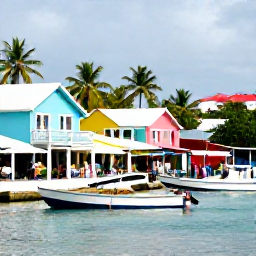 Caribbean Holidays, Island Hopping, Relaxed Caribbean island harbour with colourful houses, local boats, palm trees and visitors exploring a waterfront market