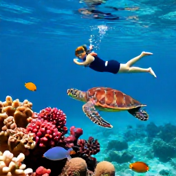 Caribbean Holidays, Island Hopping, Snorkeller swimming above colourful Caribbean coral reef with tropical fish and a sea turtle in clear water