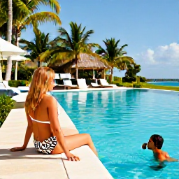 Caribbean Holidays, Jamaica Adults Only, Adult couple relaxing beside a turquoise Caribbean swimming pool at a Jamaican resort in bright July sunshine