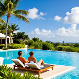 Caribbean Holidays, Jamaica Adults Only, Couple relaxing beside an infinity pool at an adults-only Jamaican resort, tropical gardens and bright blue sky