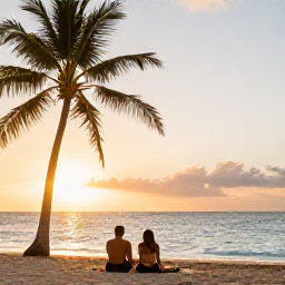 Caribbean Holidays, Jamaica Adults Only, Couple relaxing on a quiet Jamaican beach at sunset, with swaying palms, soft golden light and the Caribbean Sea