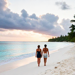 Caribbean Holidays, Jamaica Adults Only, Couple walking along a quiet white-sand beach in Jamaica at sunset, turquoise sea, relaxed romantic atmosphere