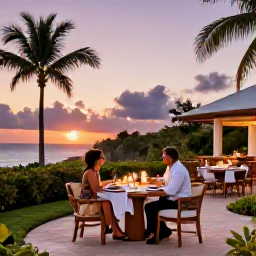Caribbean Holidays, Jamaica Adults Only, Elegant adults-only Jamaican resort restaurant at sunset, with couples dining outdoors beside tropical gardens