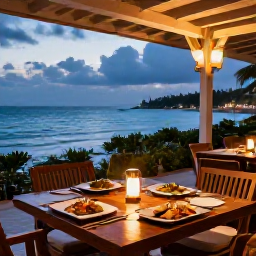 Caribbean Holidays, Jamaica Adults Only, Elegant adults-only Jamaican resort restaurant serving Caribbean-inspired food outdoors beside the sea at evening