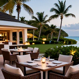 Caribbean Holidays, Jamaica Adults Only, Elegant adults-only Jamaican resort restaurant with a couple dining outdoors, tropical garden, soft evening lighting