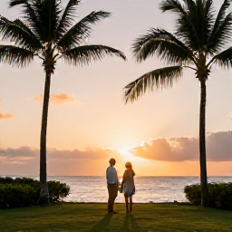 Caribbean Holidays, Jamaica Adults Only, Happy couple enjoying a sunset at an adults-only Jamaican resort, with palm trees, warm evening light and ocean views