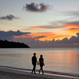 Caribbean Holidays, Jamaica Adults Only, Romantic Jamaican beach at dusk with a couple walking beside calm water and a colourful Caribbean sunset