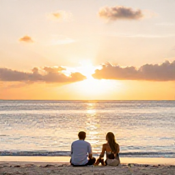 Caribbean Holidays, Jamaica Adults Only, Romantic Jamaican beach at sunset with two adults sitting near the shoreline, golden light, calm Caribbean sea