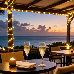 Caribbean Holidays, Jamaica Adults Only, Romantic Jamaican resort terrace decorated with subtle festive lights, sunset over the sea and two glasses of sparkling wine