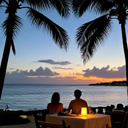 Caribbean Holidays, Jamaica Adults Only, Romantic Jamaican sunset viewed by a couple from a beachfront restaurant with candles and palm silhouettes