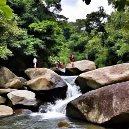 Caribbean Holidays, Jamaica Adults Only, Visitors exploring Dunn's River Falls in Jamaica, climbing over smooth rocks through lush green tropical scenery