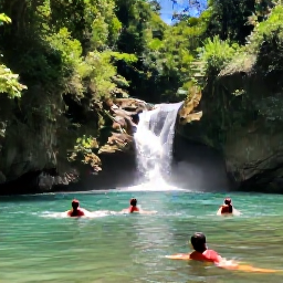 Caribbean Holidays, Jamaica Adventure, A clear Jamaican river winding through lush forest, with visitors swimming in a natural pool beneath a small waterfall