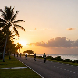 Caribbean Holidays, Jamaica Adventure, A Jamaican coastline at sunset with a small group cycling along a quiet road and palm trees beside the sea