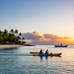 Caribbean Holidays, Jamaica Adventure, A Jamaican coastline at sunset with kayakers on calm blue water, palm trees and a small fishing boat