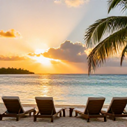 Caribbean Holidays, Jamaica Adventure, A relaxed Jamaican beach at sunset with comfortable loungers, calm turquoise water and palm trees
