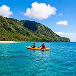 Caribbean Holidays, Jamaica Adventure, A sea kayak gliding along Jamaica's turquoise coastline with green hills and a small beach in the background