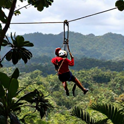 Caribbean Holidays, Jamaica Adventure, A zipline adventure over Jamaican rainforest canopy with mountains and tropical vegetation stretching into the distance