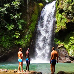 Caribbean Holidays, Jamaica Adventure, Adventurous travellers hiking through lush Jamaican rainforest beside a clear waterfall in warm November sunshine