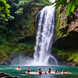 Caribbean Holidays, Jamaica Adventure Holidays, A clear Jamaican waterfall surrounded by tropical forest, with visitors swimming in a natural pool beneath the falls