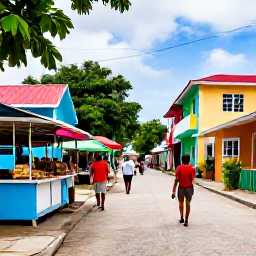 Caribbean Holidays, Jamaica Adventure Holidays, A friendly Jamaican village street with local food stalls, colourful buildings and travellers enjoying authentic island culture