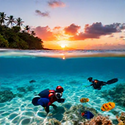 Caribbean Holidays, Jamaica Adventure Holidays, A Jamaican coastline near Negril at sunset, with snorkellers exploring clear water and colourful tropical fish visible beneath the surface