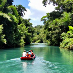 Caribbean Holidays, Jamaica Adventure Holidays, A Jamaican river winding through tropical forest, with a small raft carrying travellers through calm turquoise water
