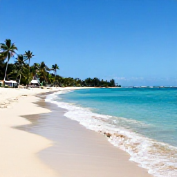 Caribbean Holidays, Jamaica Adventure Holidays, A sunny Jamaican coastline in July with turquoise water, palm trees and small waves, realistic travel photography