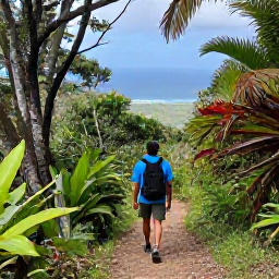 Caribbean Holidays, Jamaica Adventure Holidays, A traveller hiking along a forest trail in Jamaica's Blue Mountains, surrounded by tropical plants and distant coastal views