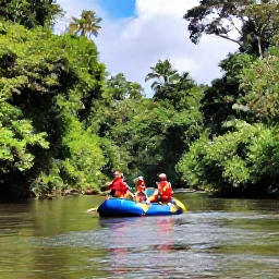 Caribbean Holidays, Jamaica Adventure Holidays, Adventurous travellers rafting on a calm Jamaican river beneath jungle vegetation, bright daylight and relaxed tropical scenery, realistic travel photography